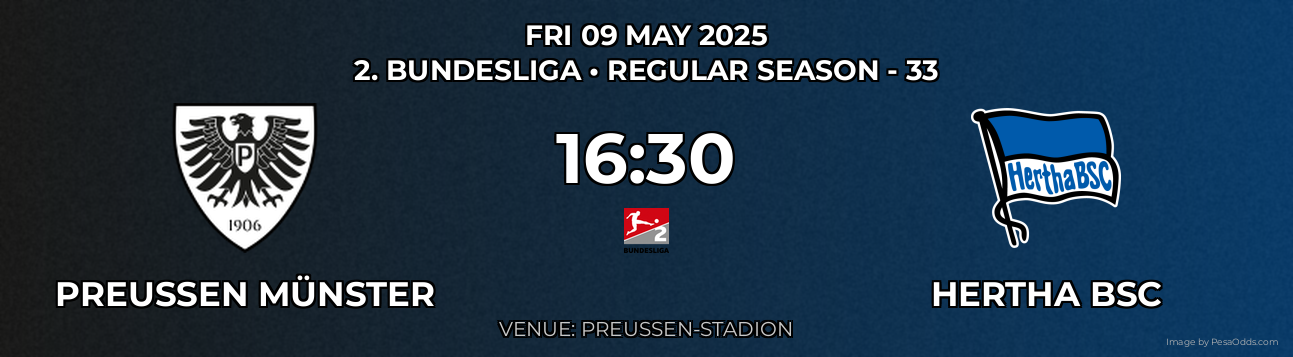 Preußen Münster vs Hertha BSC Prediction match poster for 2. Bundesliga fixture on FRI 09 MAY 2025