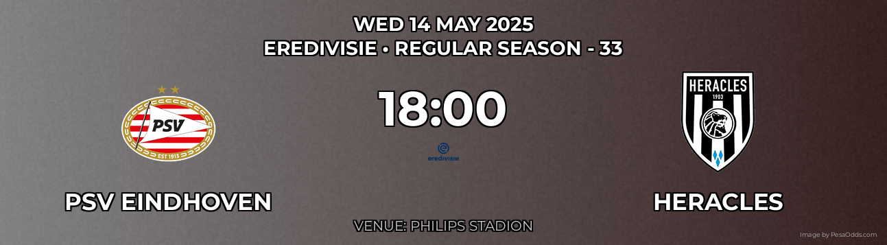 PSV Eindhoven vs Heracles Prediction match poster for Eredivisie fixture on WED 14 MAY 2025
