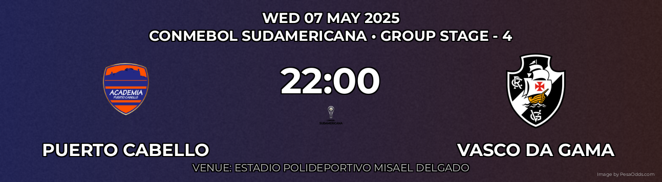 Puerto Cabello vs Vasco DA Gama Prediction match poster for CONMEBOL Sudamericana fixture on WED 07 MAY 2025
