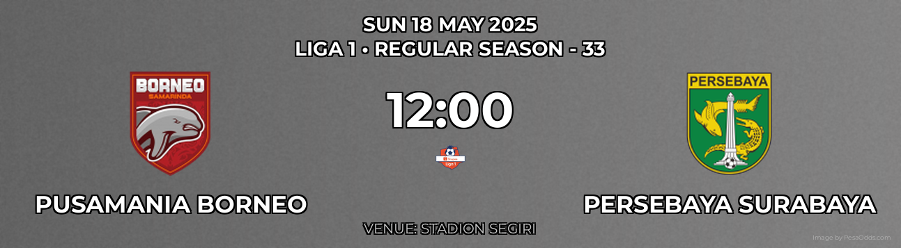 Pusamania Borneo vs Persebaya Surabaya Prediction match poster for Liga 1 fixture on SUN 18 MAY 2025