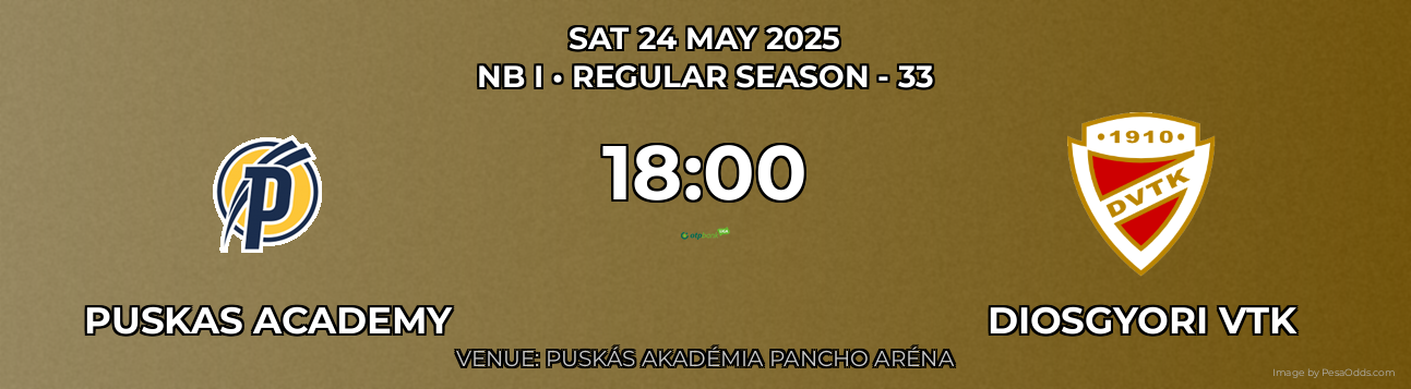 Puskas Academy vs Diosgyori VTK Prediction match poster for NB I fixture on SAT 24 MAY 2025