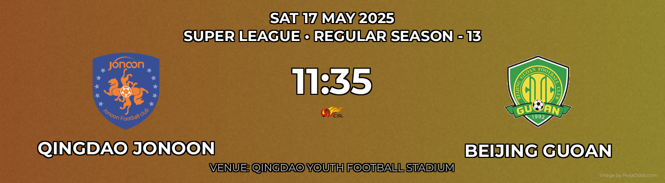 Qingdao Jonoon vs Beijing Guoan Prediction match poster for Super League fixture on SAT 17 MAY 2025