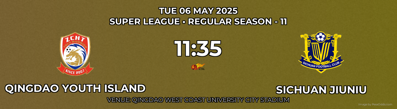 Qingdao Youth Island vs Sichuan Jiuniu Prediction match poster for Super League fixture on TUE 06 MAY 2025