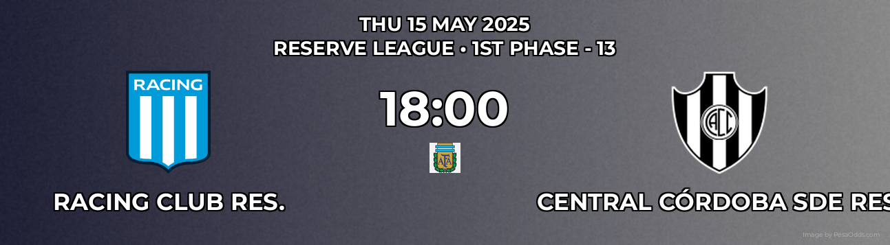 Racing Club Res. vs Central Córdoba SdE Res. Prediction match poster for Reserve League fixture on THU 15 MAY 2025