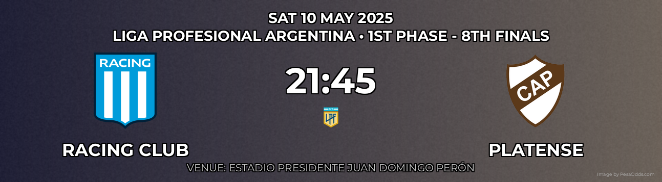 Racing Club vs Platense Prediction match poster for Liga Profesional Argentina fixture on SAT 10 MAY 2025