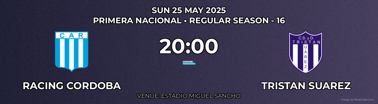 Racing Cordoba vs Tristan Suarez Prediction match poster for Primera Nacional fixture on SUN 25 MAY 2025