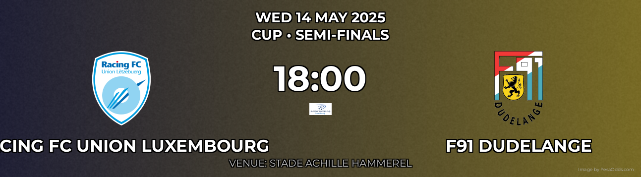 Racing FC Union Luxembourg vs F91 Dudelange Prediction match poster for Cup fixture on WED 14 MAY 2025