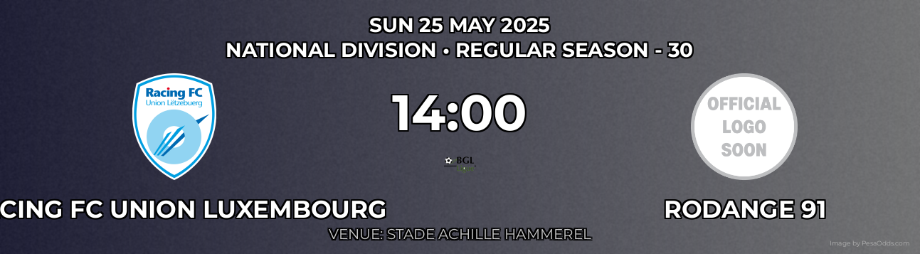 Racing FC Union Luxembourg vs Rodange 91 Prediction match poster for National Division fixture on SUN 25 MAY 2025