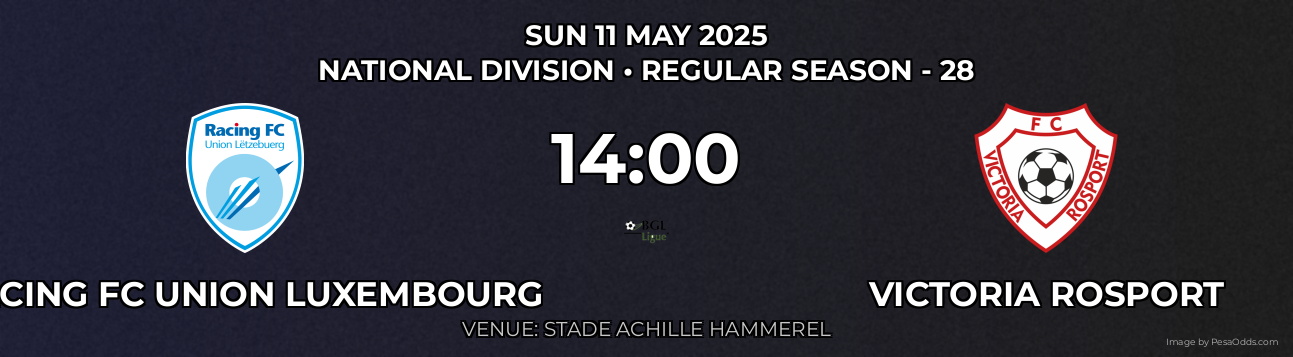 Racing FC Union Luxembourg vs Victoria Rosport Prediction match poster for National Division fixture on SUN 11 MAY 2025