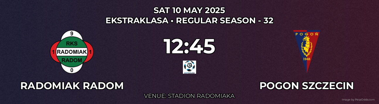 Radomiak Radom vs Pogon Szczecin Prediction match poster for Ekstraklasa fixture on SAT 10 MAY 2025