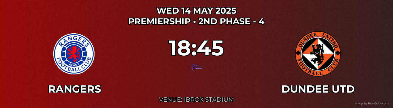 Rangers vs Dundee Utd Prediction match poster for Premiership fixture on WED 14 MAY 2025
