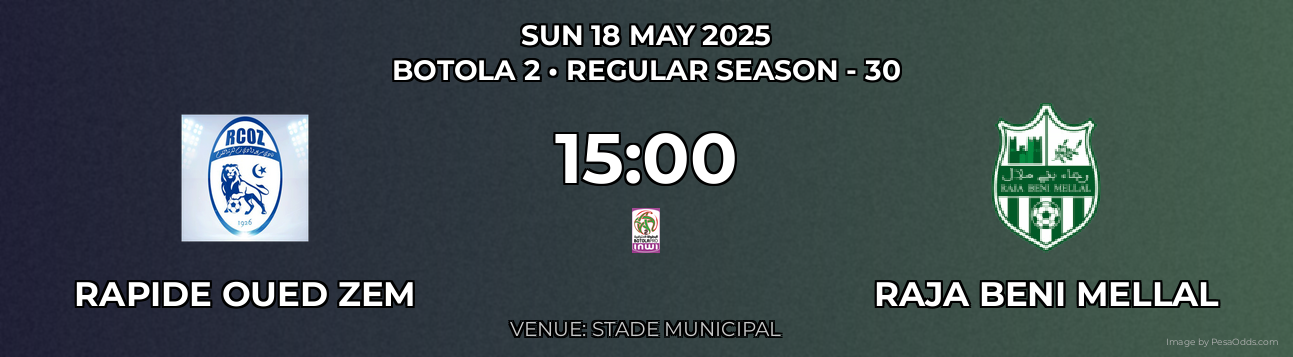 Rapide Oued ZEM vs Raja Beni Mellal Prediction match poster for Botola 2 fixture on SUN 18 MAY 2025