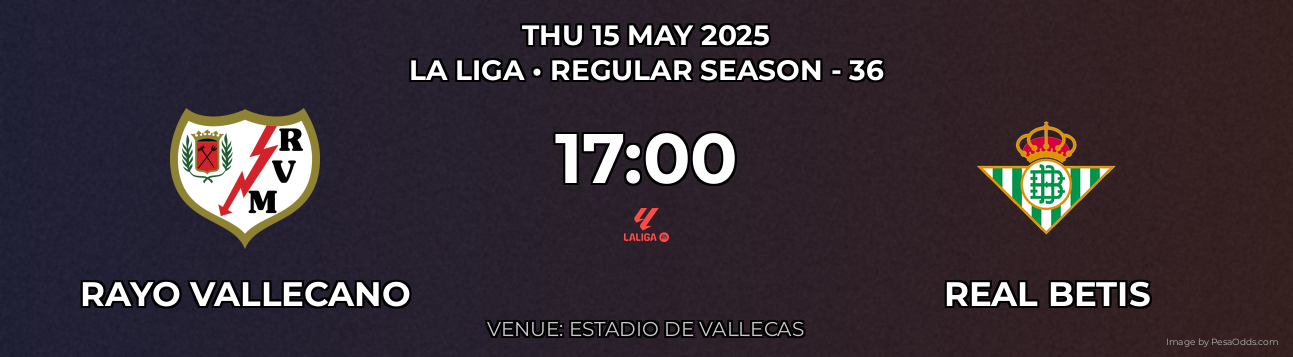 Rayo Vallecano vs Real Betis Prediction match poster for La Liga fixture on THU 15 MAY 2025