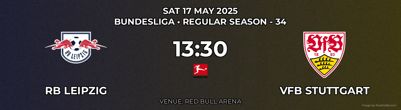 RB Leipzig vs VfB Stuttgart Prediction match poster for Bundesliga fixture on SAT 17 MAY 2025