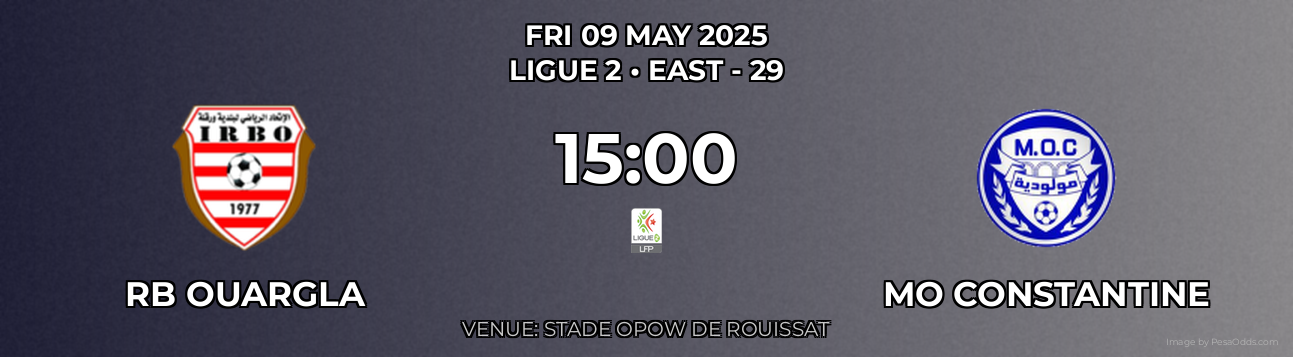 RB Ouargla vs MO Constantine Prediction match poster for Ligue 2 fixture on FRI 09 MAY 2025