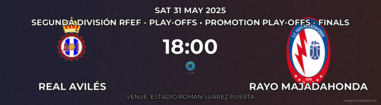 Real Avilés vs Rayo Majadahonda Prediction match poster for Segunda División RFEF - Play-offs fixture on SAT 31 MAY 2025