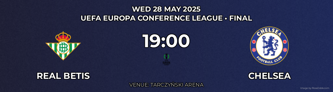 Real Betis vs Chelsea Prediction match poster for UEFA Europa Conference League fixture on WED 28 MAY 2025