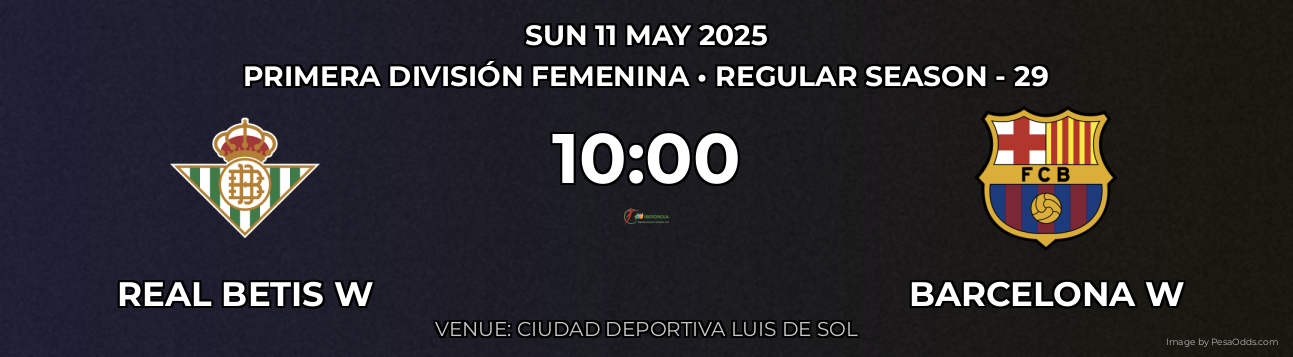 Real Betis W vs Barcelona W Prediction match poster for Primera División Femenina fixture on SUN 11 MAY 2025
