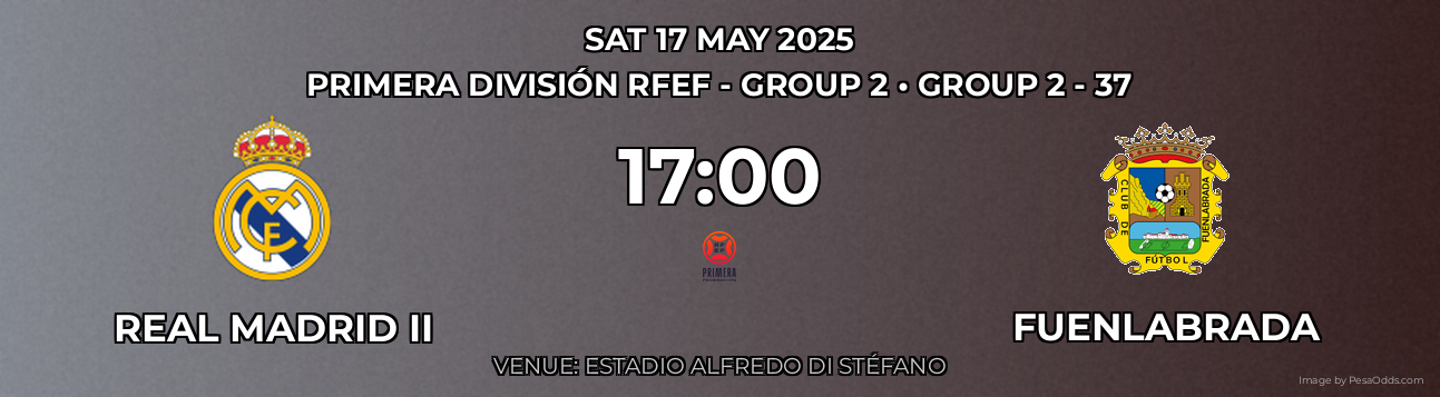 Real Madrid II vs Fuenlabrada Prediction match poster for Primera División RFEF - Group 2 fixture on SAT 17 MAY 2025