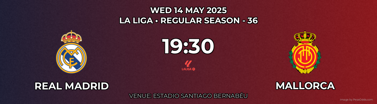 Real Madrid vs Mallorca Prediction match poster for La Liga fixture on WED 14 MAY 2025