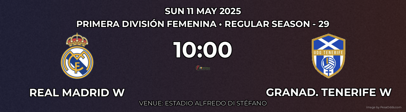 Real Madrid W vs Granad. Tenerife W Prediction match poster for Primera División Femenina fixture on SUN 11 MAY 2025