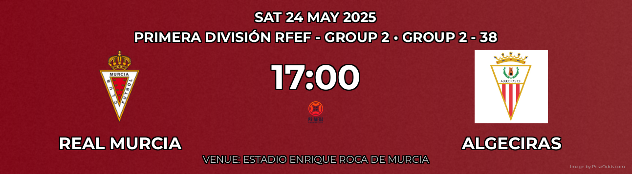 Real Murcia vs Algeciras Prediction match poster for Primera División RFEF - Group 2 fixture on SAT 24 MAY 2025