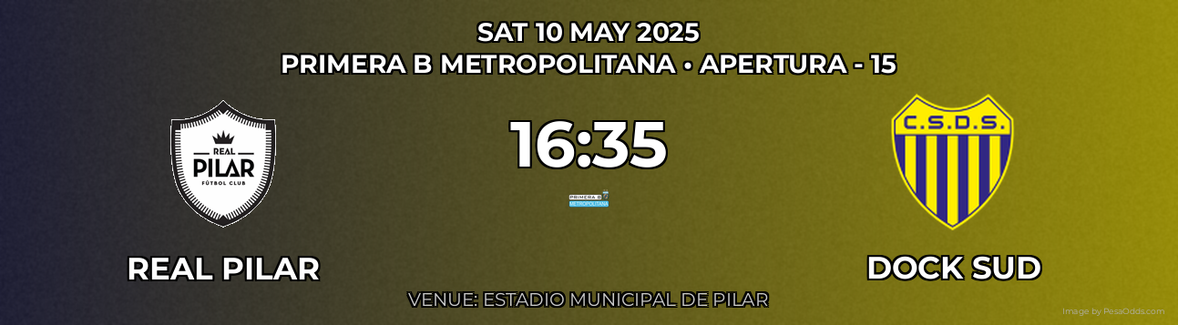 Real Pilar vs Dock Sud Prediction match poster for Primera B Metropolitana fixture on SAT 10 MAY 2025