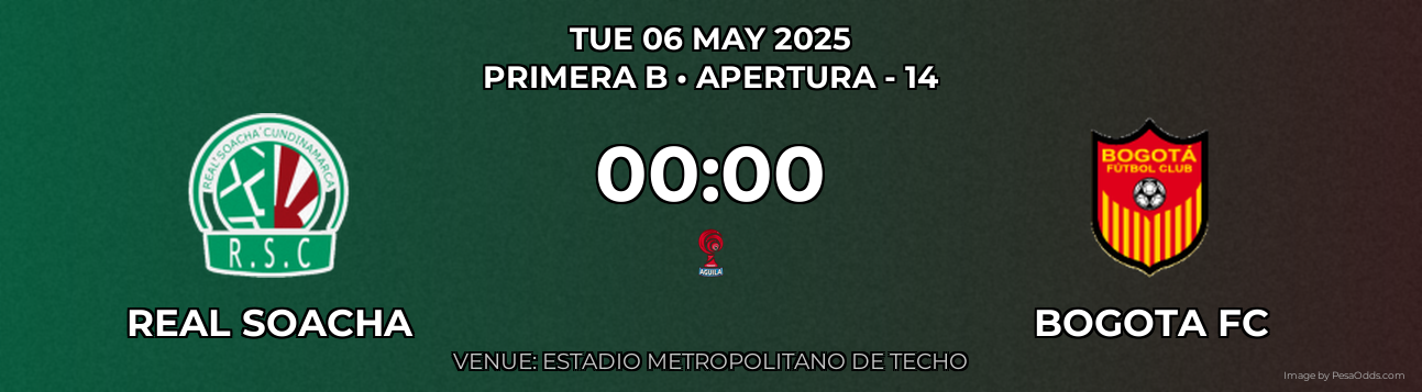 Real Soacha vs Bogota FC Prediction match poster for Primera B fixture on TUE 06 MAY 2025