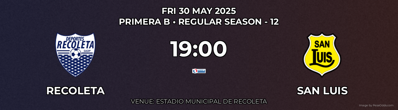 Recoleta vs San Luis Prediction match poster for Primera B fixture on FRI 30 MAY 2025