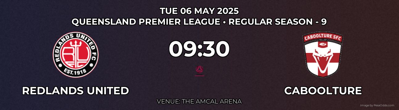 Redlands United vs Caboolture Prediction match poster for Queensland Premier League fixture on TUE 06 MAY 2025