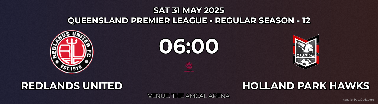 Redlands United vs Holland Park Hawks Prediction match poster for Queensland Premier League fixture on SAT 31 MAY 2025