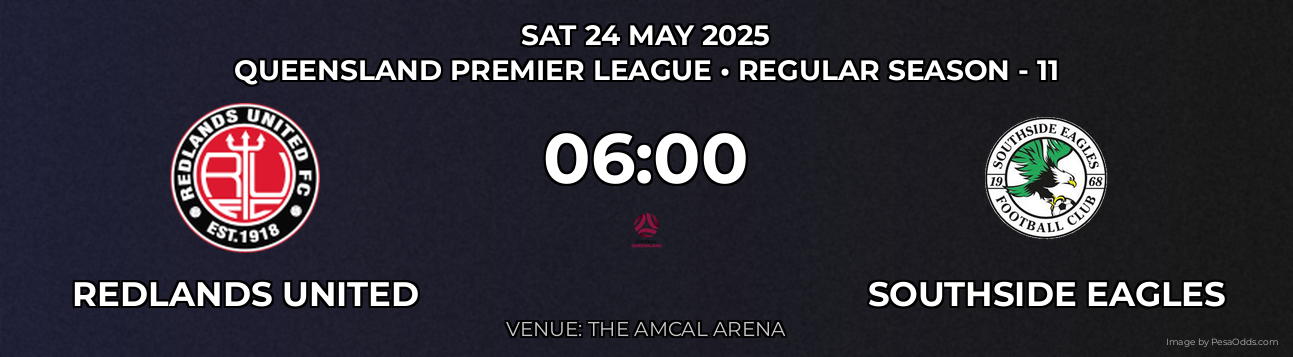 Redlands United vs Southside Eagles Prediction match poster for Queensland Premier League fixture on SAT 24 MAY 2025