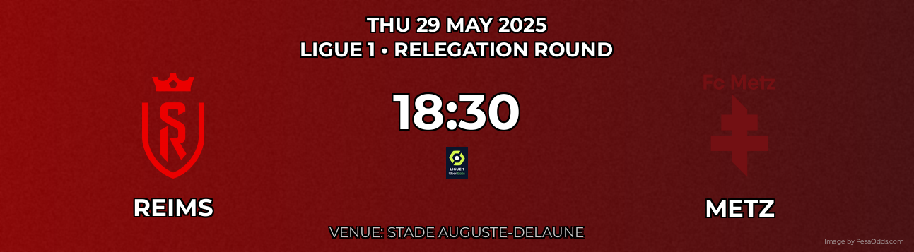 Reims vs Metz Prediction match poster for Ligue 1 fixture on THU 29 MAY 2025