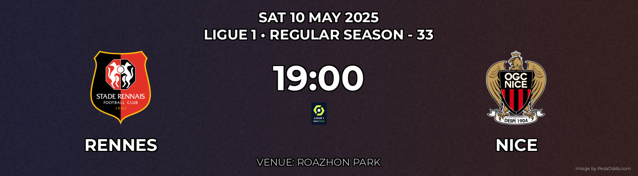 Rennes vs Nice Prediction match poster for Ligue 1 fixture on SAT 10 MAY 2025