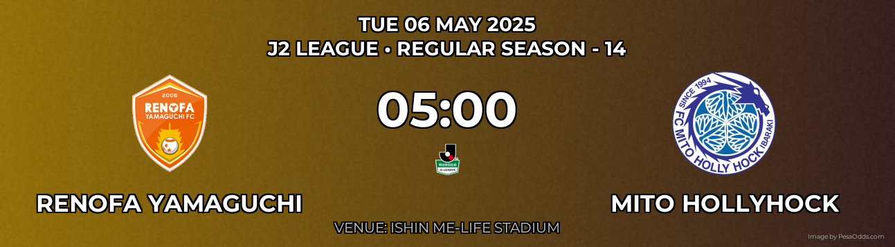 Renofa Yamaguchi vs Mito Hollyhock Prediction match poster for J2 League fixture on TUE 06 MAY 2025