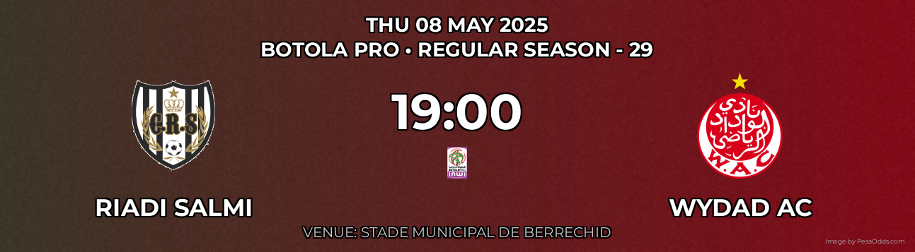 Riadi Salmi vs Wydad AC Prediction match poster for Botola Pro fixture on THU 08 MAY 2025