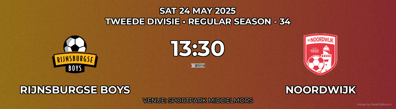 Rijnsburgse Boys vs Noordwijk Prediction match poster for Tweede Divisie fixture on SAT 24 MAY 2025