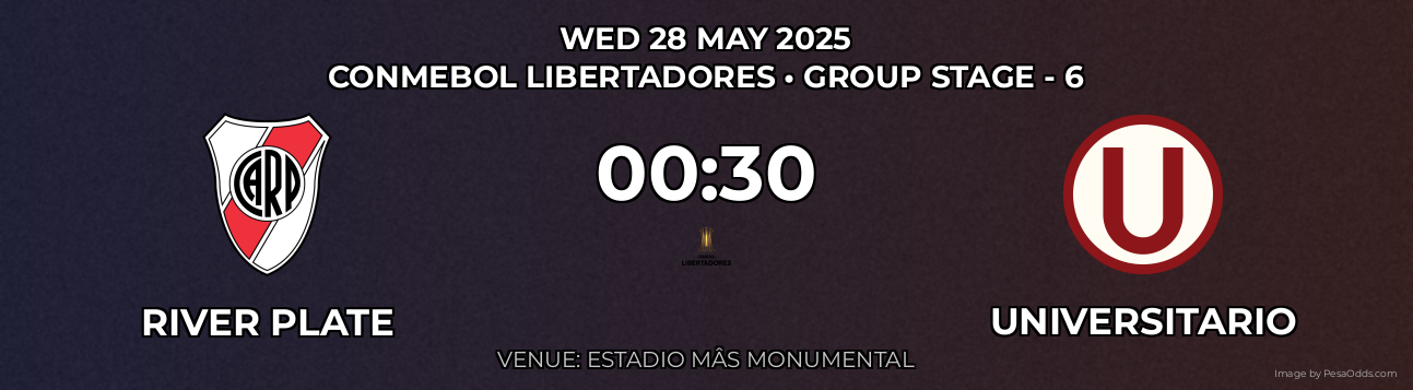 River Plate vs Universitario Prediction match poster for CONMEBOL Libertadores fixture on WED 28 MAY 2025
