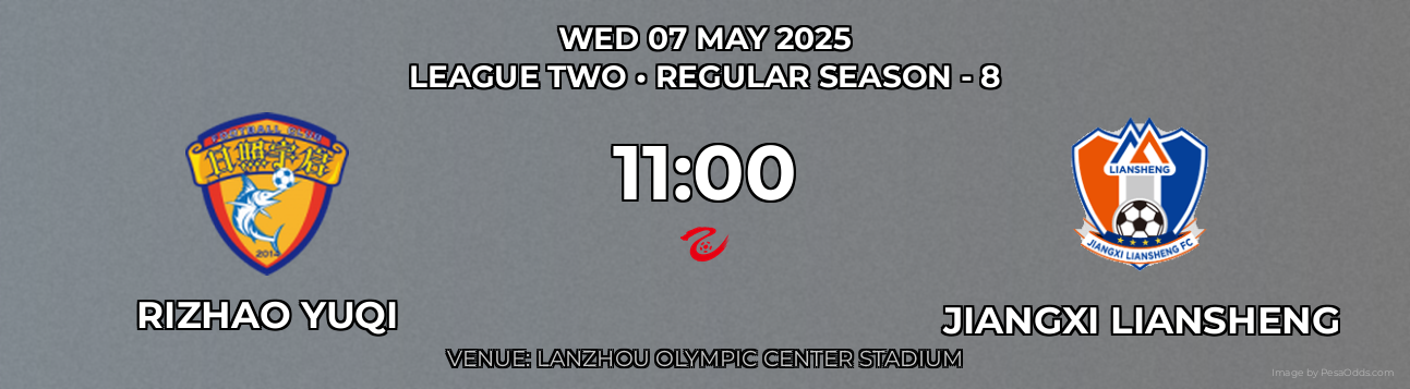 Rizhao Yuqi vs Jiangxi Liansheng Prediction match poster for League Two fixture on WED 07 MAY 2025