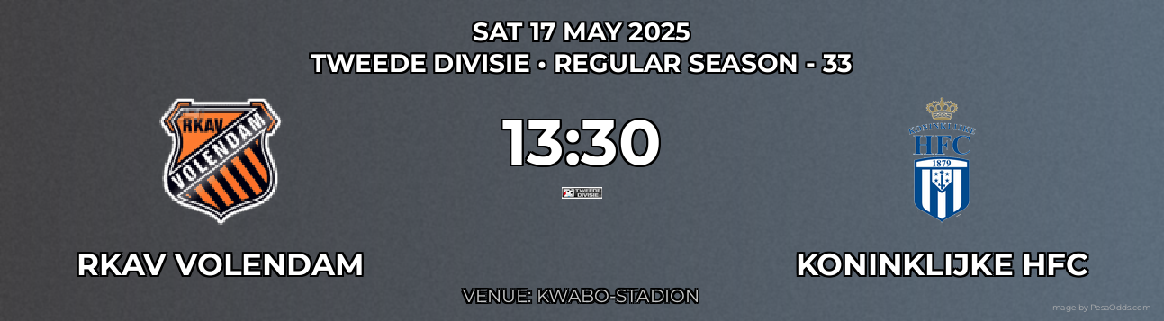RKAV Volendam vs Koninklijke HFC Prediction match poster for Tweede Divisie fixture on SAT 17 MAY 2025