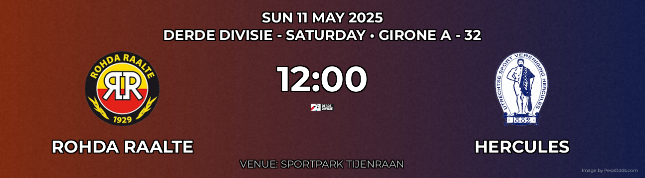 ROHDA Raalte vs Hercules Prediction match poster for Derde Divisie - Saturday fixture on SUN 11 MAY 2025