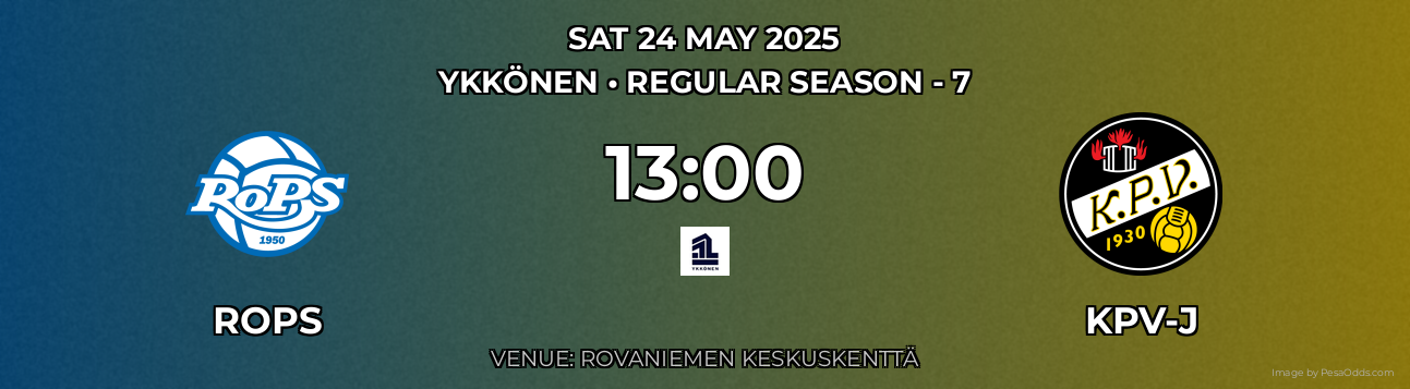 Rops vs KPV-j Prediction match poster for Ykkönen fixture on SAT 24 MAY 2025