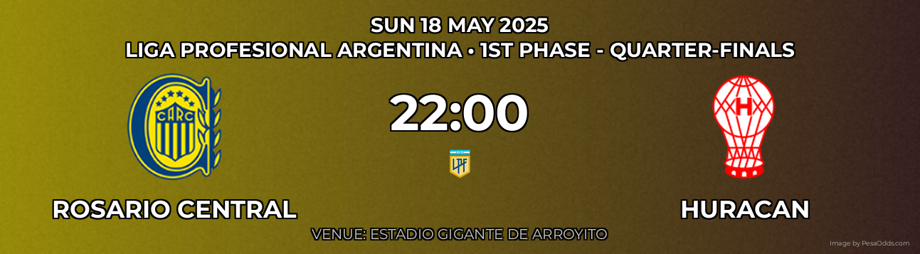 Rosario Central vs Huracan Prediction match poster for Liga Profesional Argentina fixture on SUN 18 MAY 2025