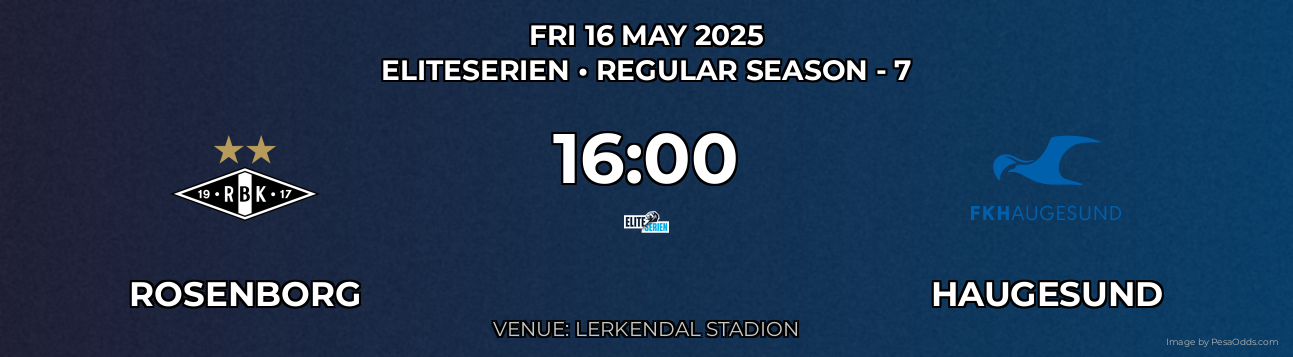 Rosenborg vs Haugesund Prediction match poster for Eliteserien fixture on FRI 16 MAY 2025