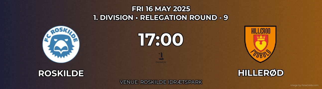 Roskilde vs Hillerød Prediction match poster for 1. Division fixture on FRI 16 MAY 2025