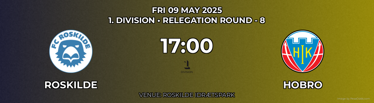 Roskilde vs Hobro Prediction match poster for 1. Division fixture on FRI 09 MAY 2025