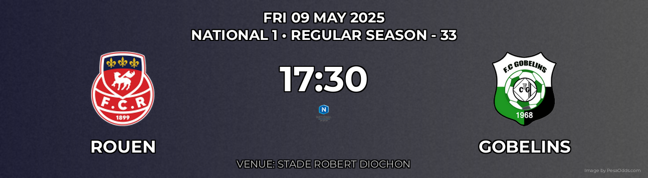 Rouen vs Gobelins Prediction match poster for National 1 fixture on FRI 09 MAY 2025
