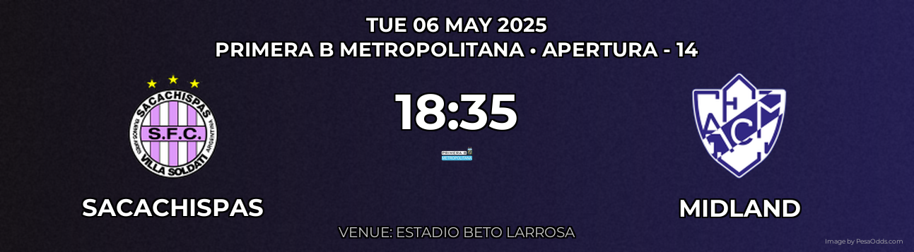 Sacachispas vs Midland Prediction match poster for Primera B Metropolitana fixture on TUE 06 MAY 2025