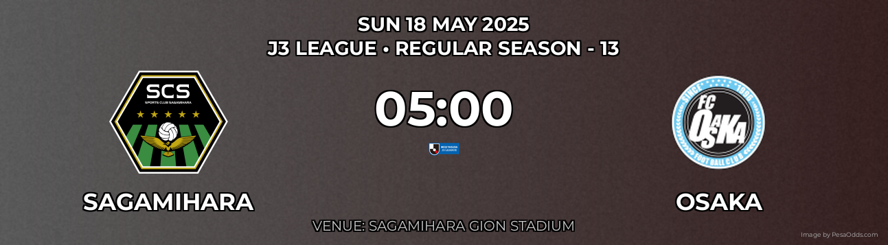 Sagamihara vs Osaka Prediction match poster for J3 League fixture on SUN 18 MAY 2025