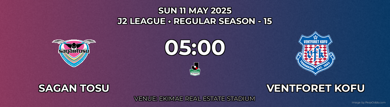 Sagan Tosu vs Ventforet Kofu Prediction match poster for J2 League fixture on SUN 11 MAY 2025